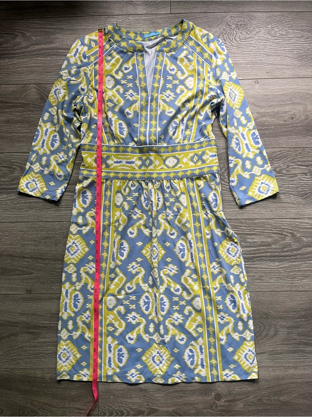 J. McLaughlin Blue Yellow Catalina Cloth Geometric Ikat Print Dress Size M Work - Picture 2 of 8